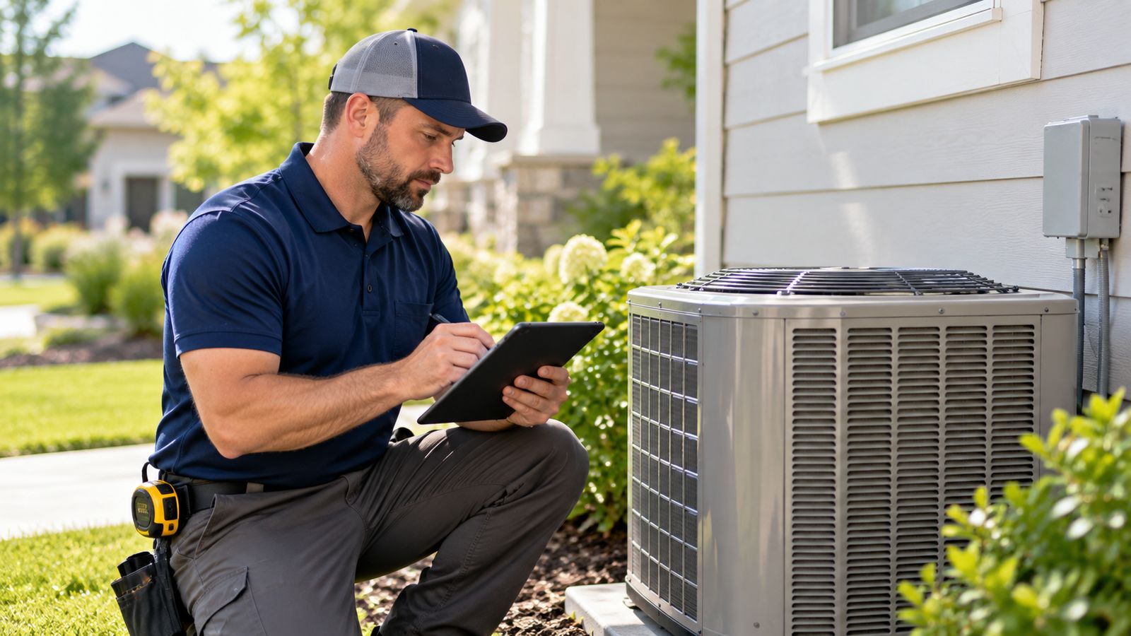 An HVAC technician pricing a job on site with a tablet