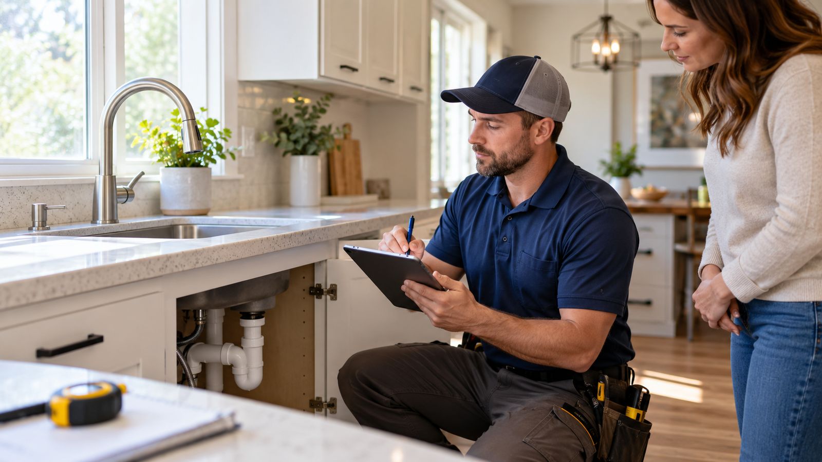 A plumber pricing work on site with a tablet rather than working on the pipework