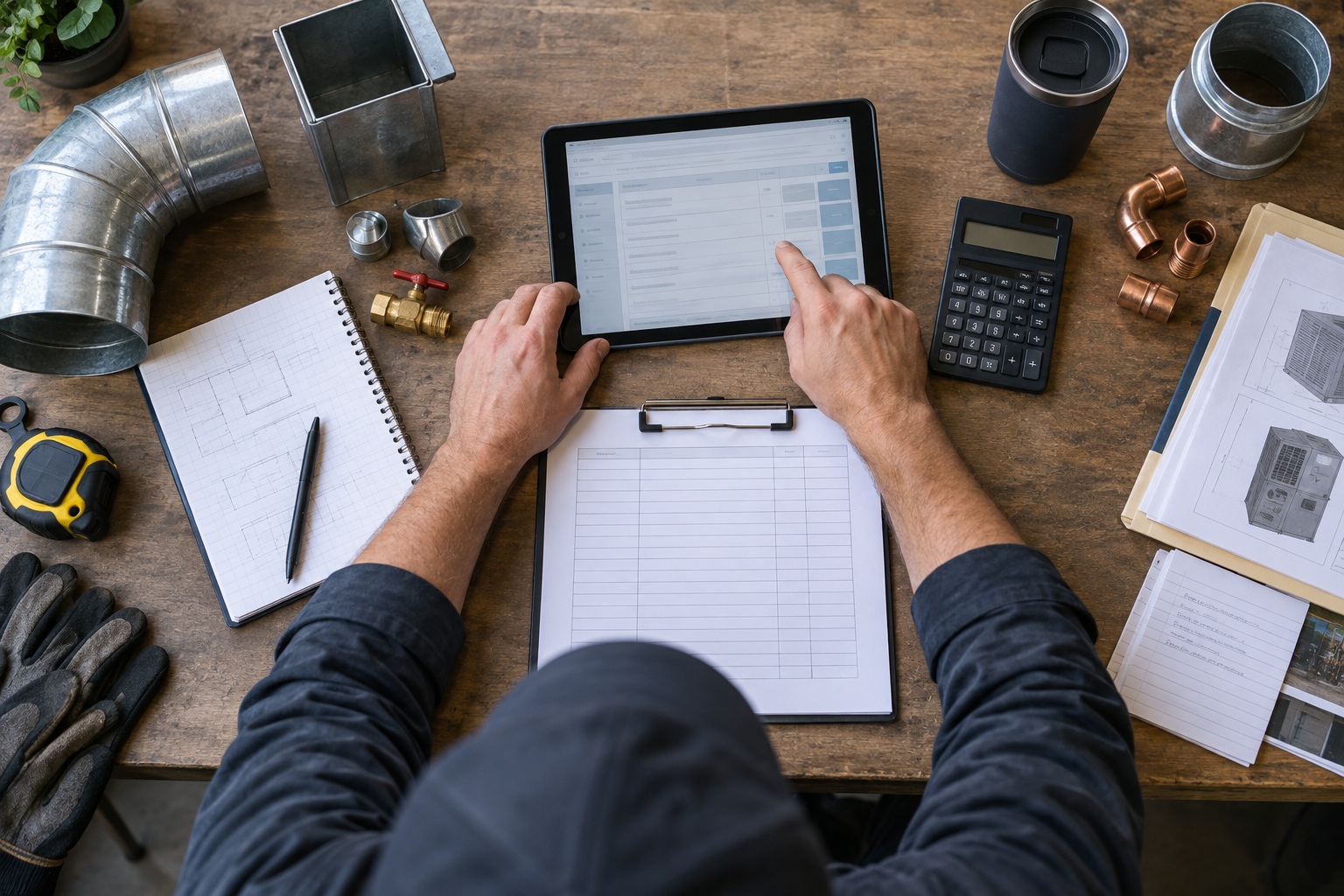 Estimator reviewing job components, costs, and an estimate on a tablet