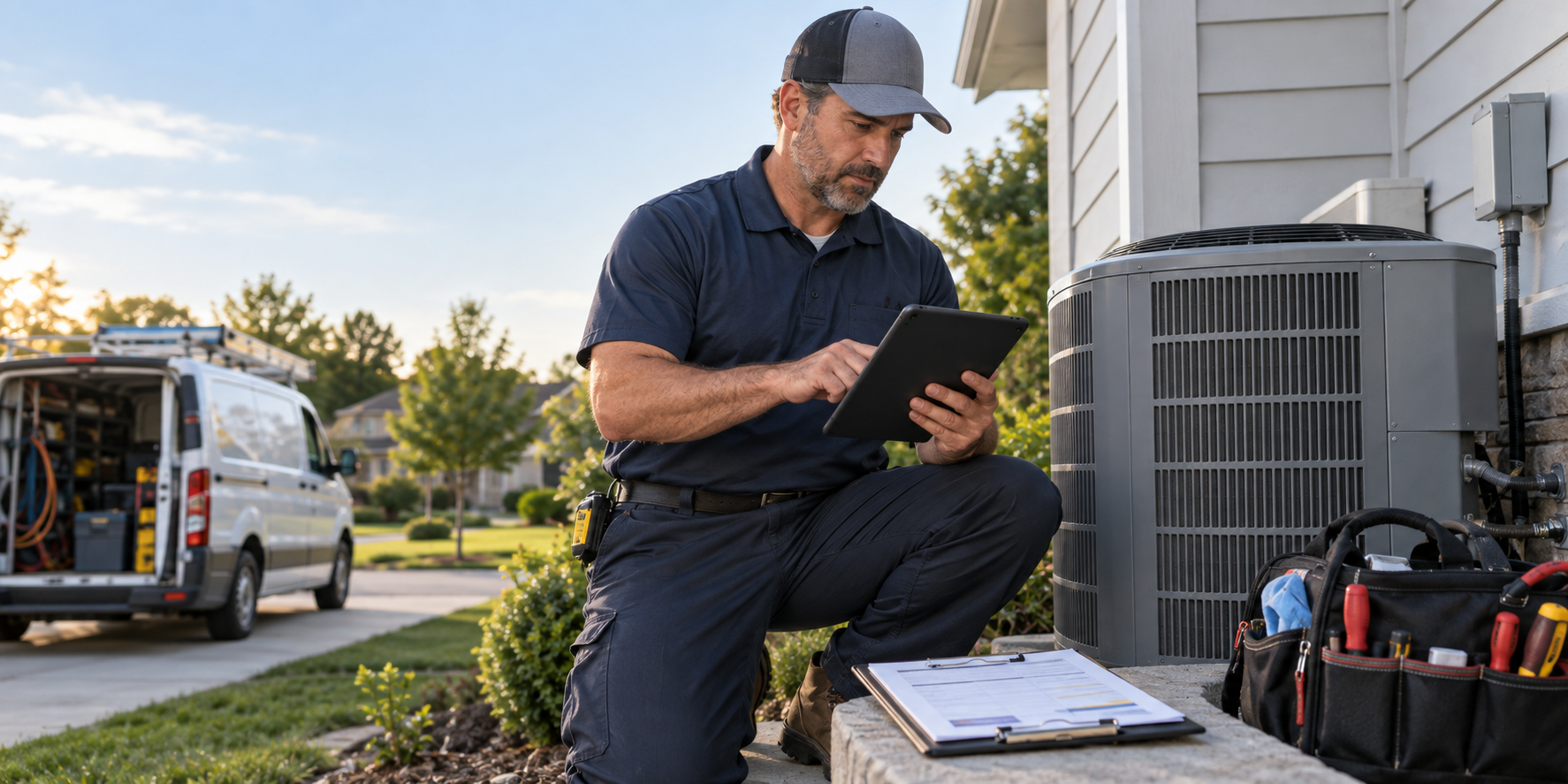HVAC contractor using estimating software beside a condenser