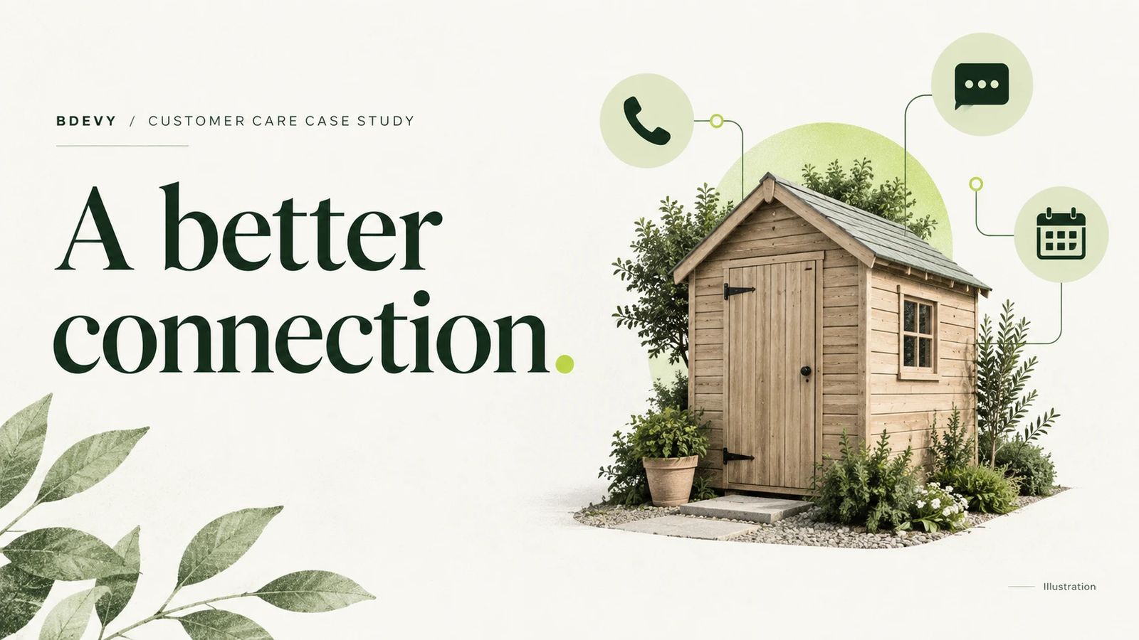 Case study title card reading A better connection, showing a timber garden shed linked to phone, message and calendar icons